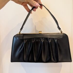 Vintage Black Leather Handbag With Gold Clasp